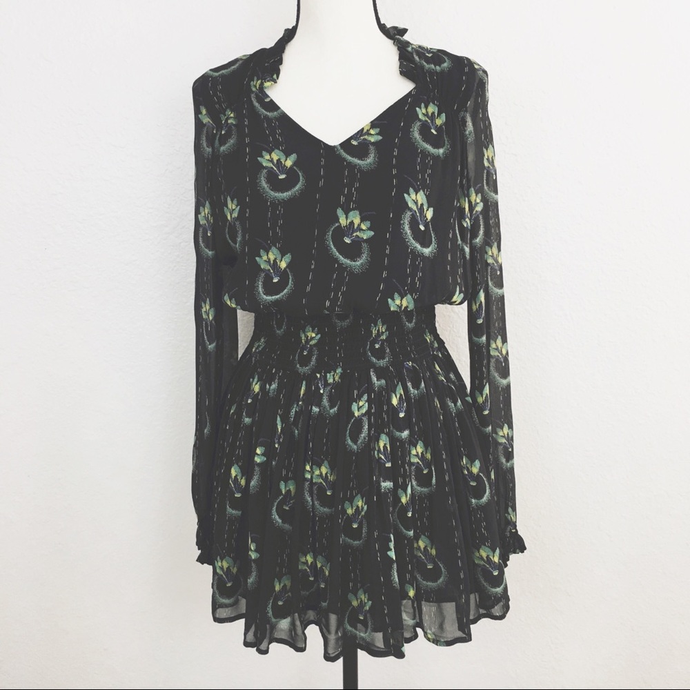 Free People Black Floral Long-Sleeve Mini Dress